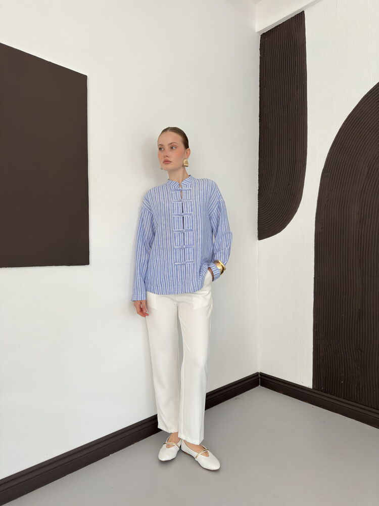 Striped Poplin Frog-Button Blouse