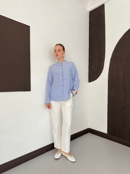 Striped Poplin Frog-Button Blouse