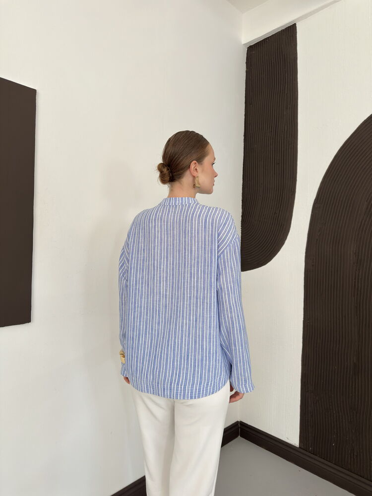Striped Poplin Frog-Button Blouse