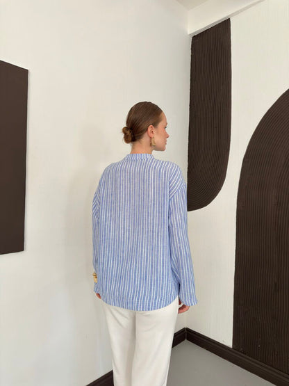 Striped Poplin Frog-Button Blouse