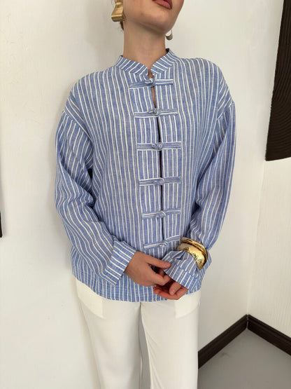 Striped Poplin Frog-Button Blouse