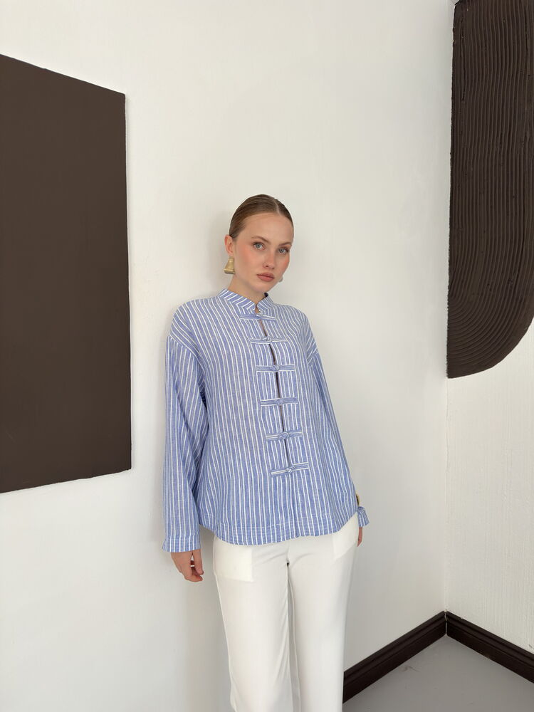 Striped Poplin Frog-Button Blouse
