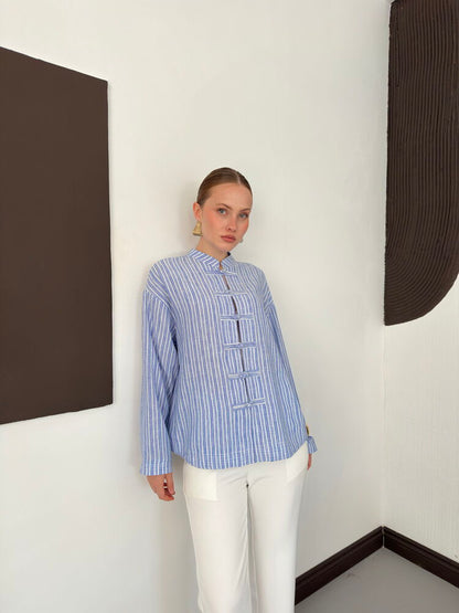 Striped Poplin Frog-Button Blouse