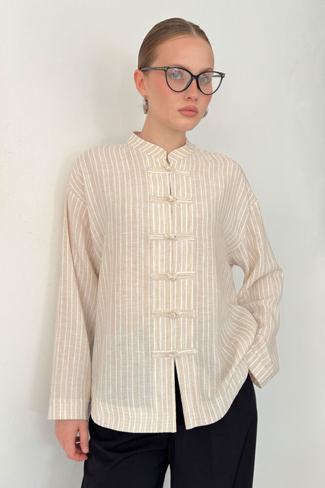 Striped Poplin Frog-Button Blouse