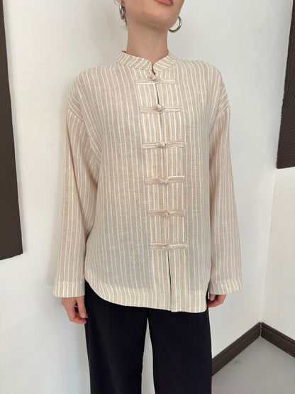 Striped Poplin Frog-Button Blouse