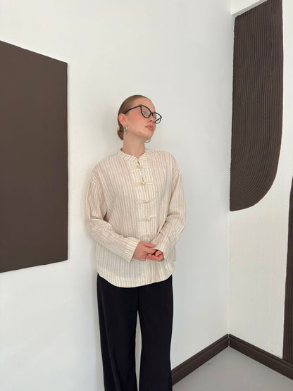 Striped Poplin Frog-Button Blouse