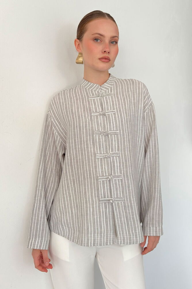 Striped Poplin Frog-Button Blouse