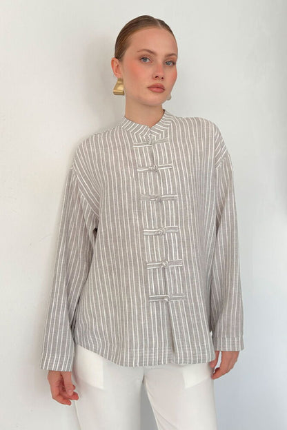 Striped Poplin Frog-Button Blouse