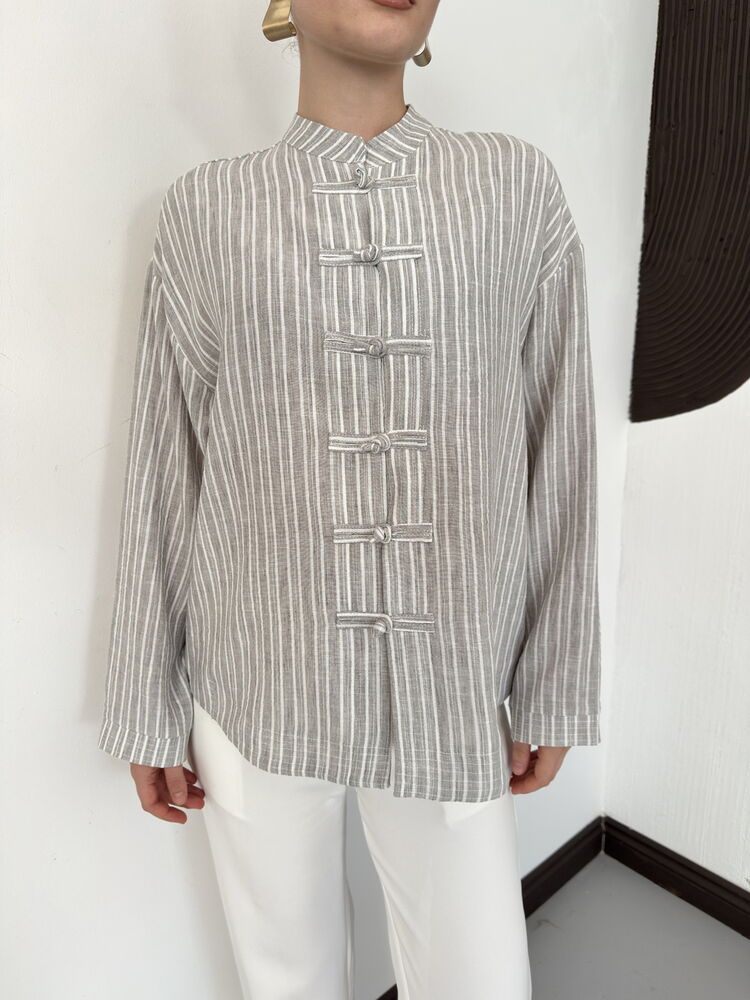 Striped Poplin Frog-Button Blouse