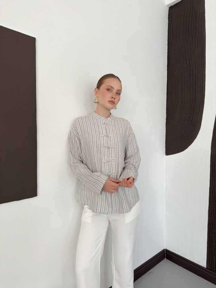 Striped Poplin Frog-Button Blouse