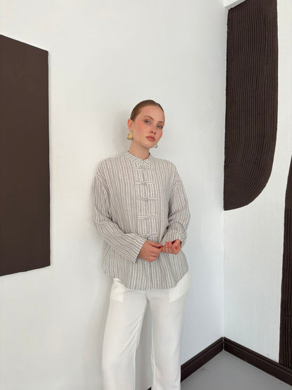 Striped Poplin Frog-Button Blouse