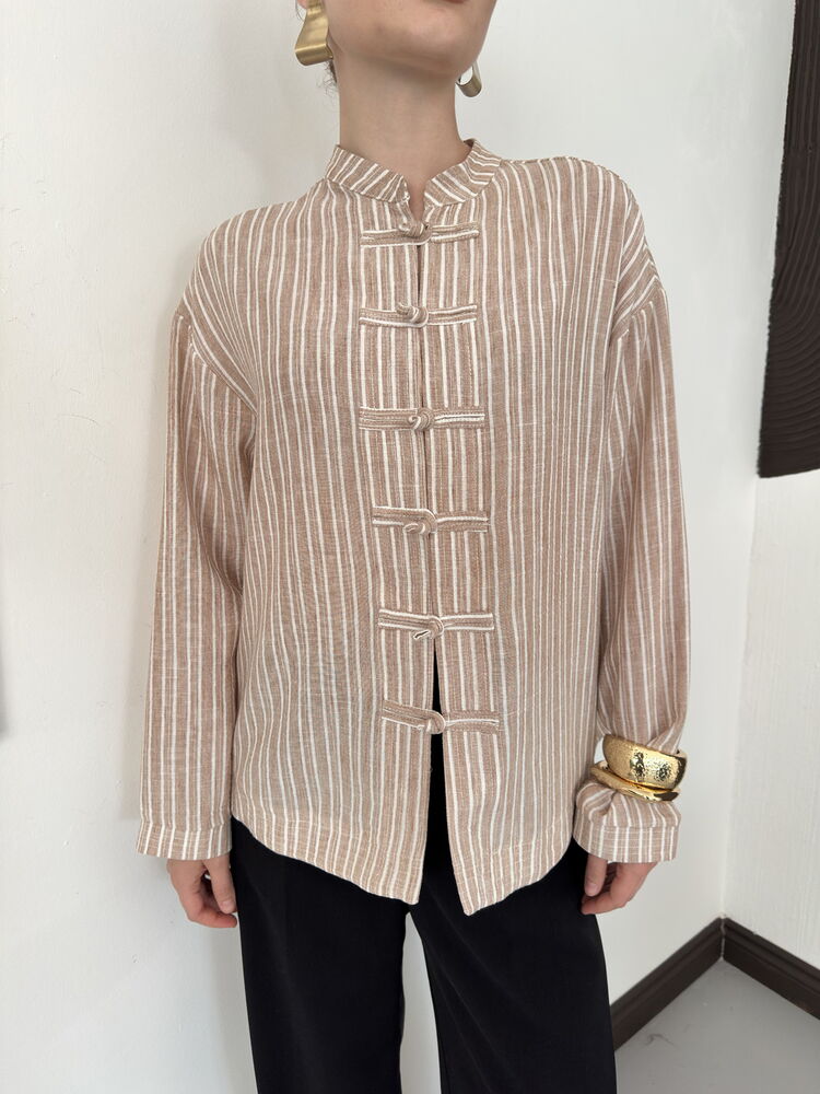 Striped Poplin Frog-Button Blouse