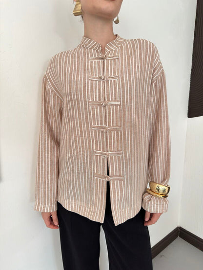 Striped Poplin Frog-Button Blouse