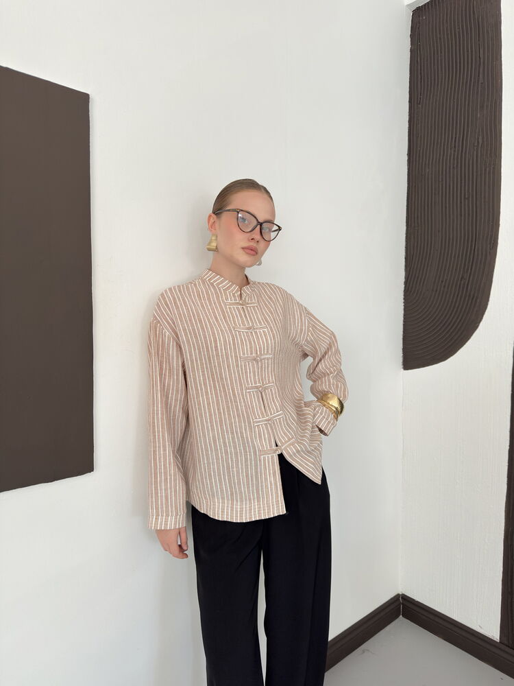 Striped Poplin Frog-Button Blouse