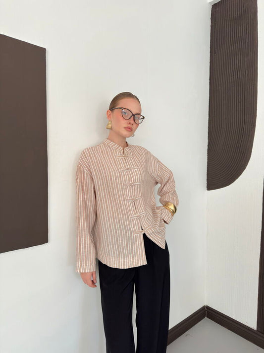 Striped Poplin Frog-Button Blouse