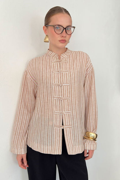 Striped Poplin Frog-Button Blouse