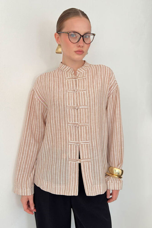 Striped Poplin Frog-Button Blouse