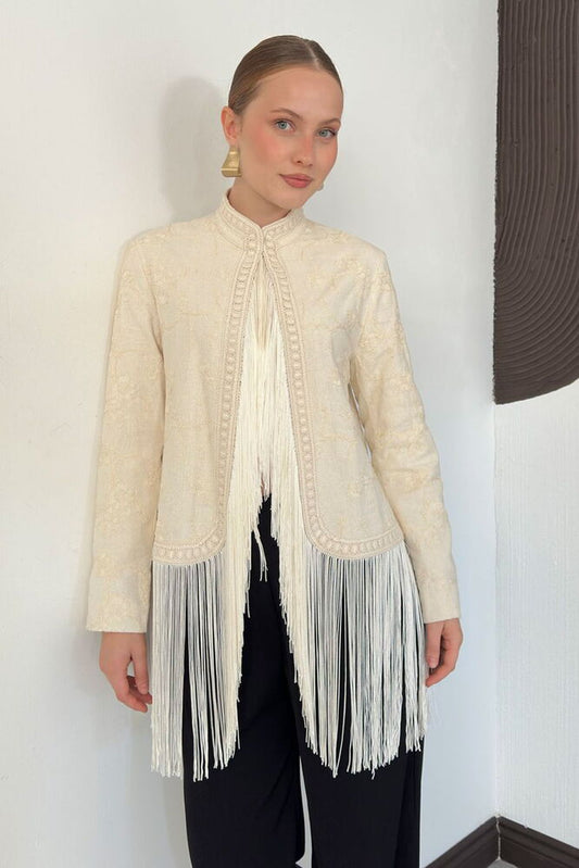 Embroidered Fringe Jacket - Stone