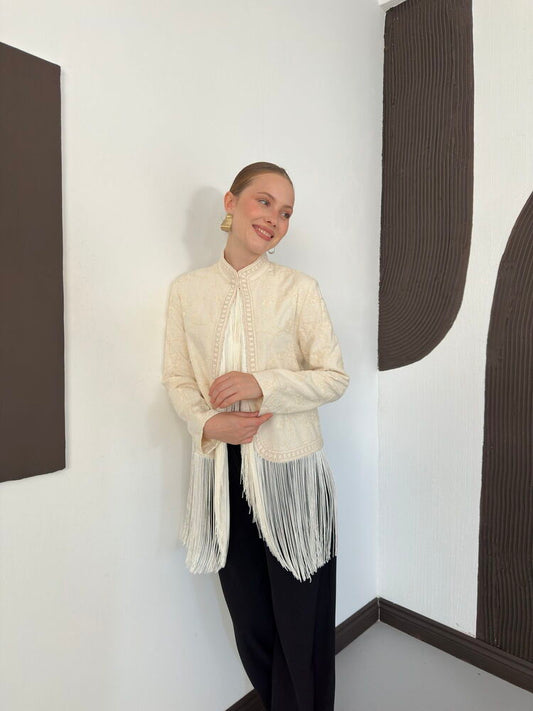 Embroidered Fringe Jacket - Stone