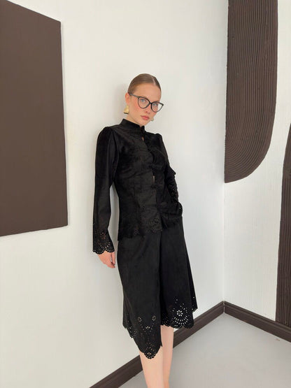 Laser-Cut Suede Frog-Button Jacket in Black
