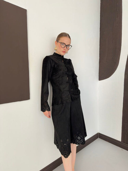 Laser-Cut Suede Frog-Button Jacket in Black