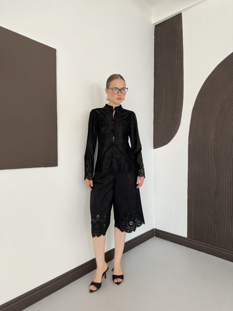 Laser-Cut Suede Frog-Button Jacket in Black