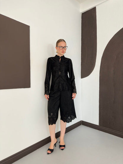 Laser-Cut Suede Frog-Button Jacket in Black