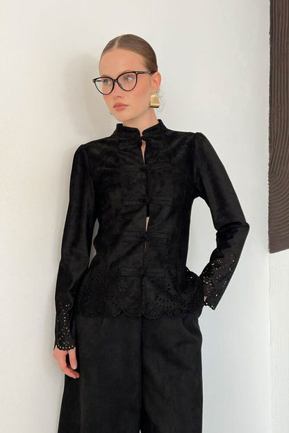 Laser-Cut Suede Frog-Button Jacket in Black