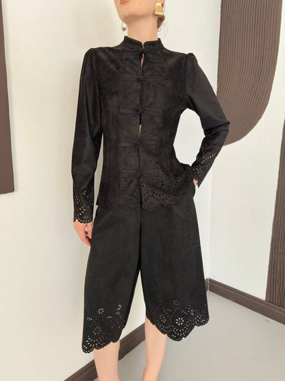 Laser-Cut Suede Frog-Button Jacket in Black