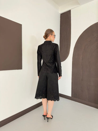 Laser-Cut Suede Frog-Button Jacket in Black