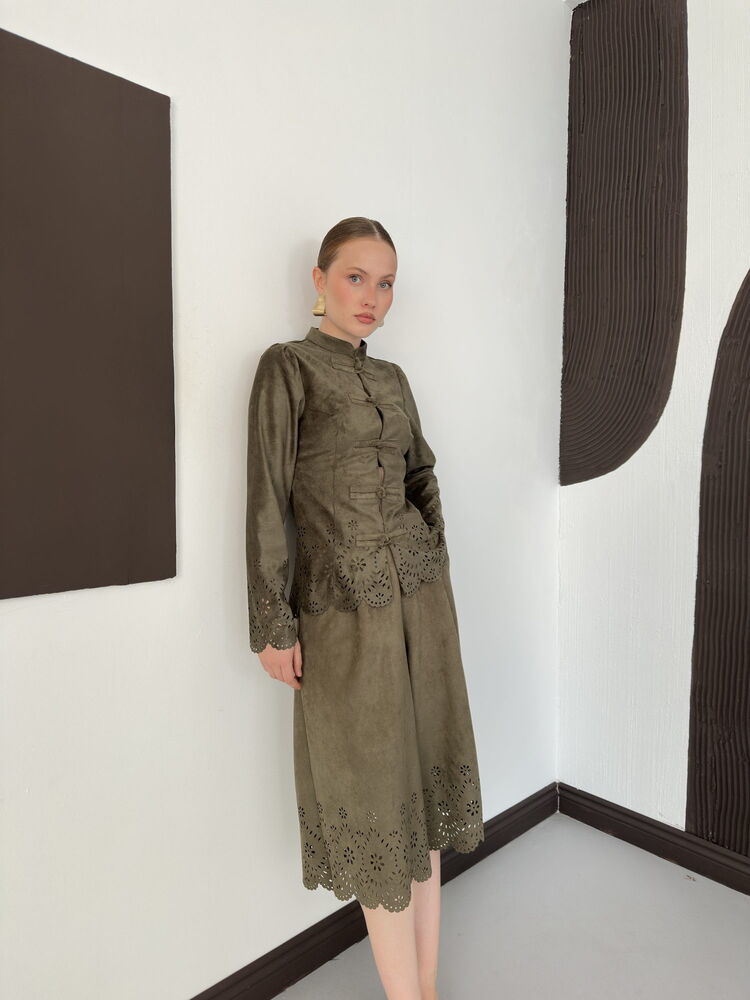 Laser-Cut Suede Frog-Button Jacket in Khaki