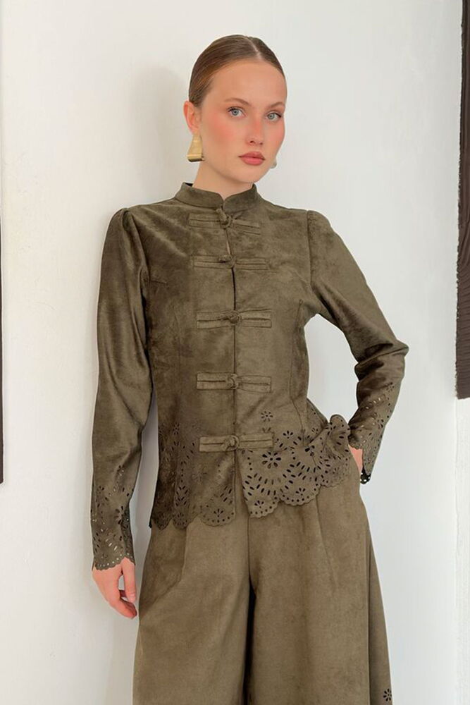 Laser-Cut Suede Frog-Button Jacket in Khaki