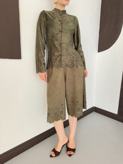 Laser-Cut Suede Frog-Button Jacket in Khaki