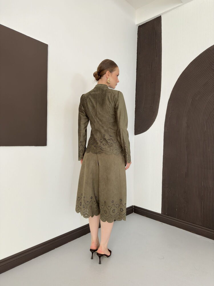 Laser-Cut Suede Frog-Button Jacket in Khaki