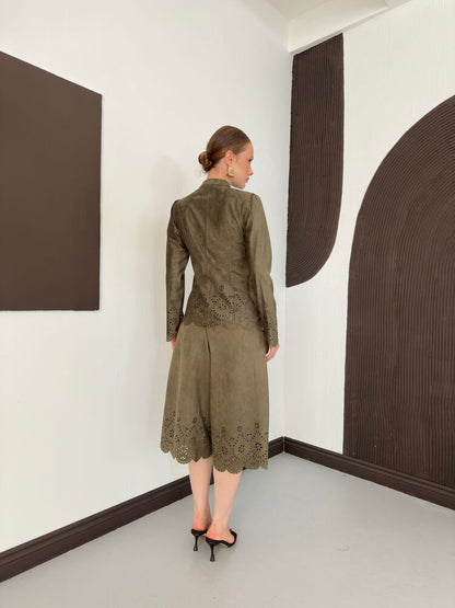 Laser-Cut Suede Frog-Button Jacket in Khaki
