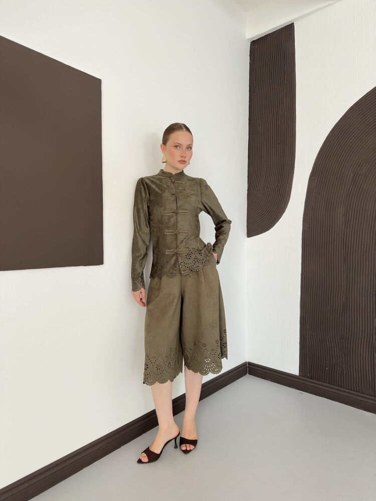 Laser-Cut Suede Frog-Button Jacket in Khaki