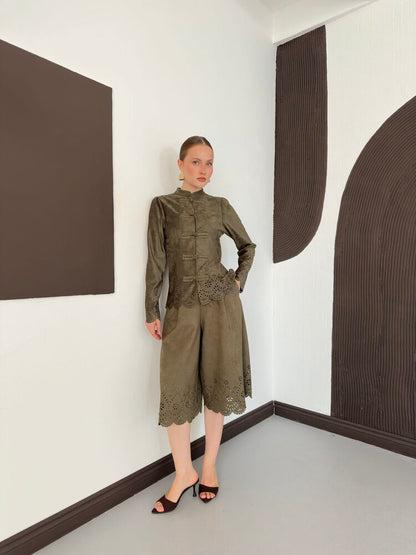 Laser-Cut Suede Frog-Button Jacket in Khaki