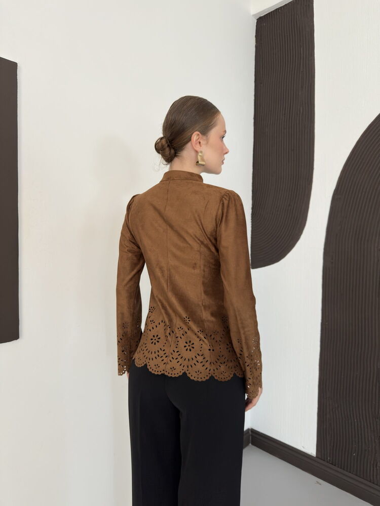 Laser-Cut Suede Frog-Button Jacket in Tan