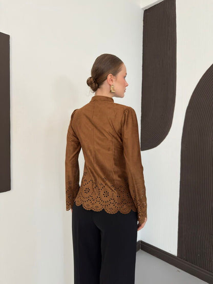Laser-Cut Suede Frog-Button Jacket in Tan