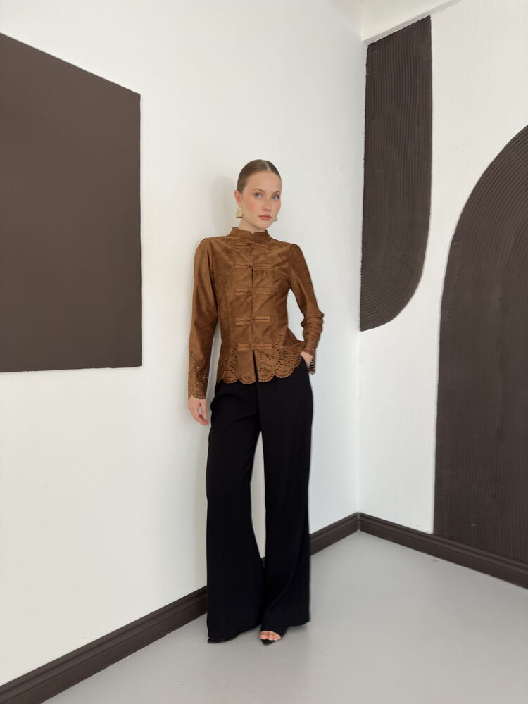 Laser-Cut Suede Frog-Button Jacket in Tan