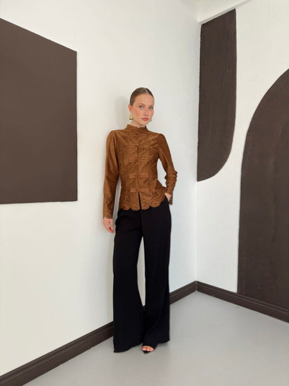 Laser-Cut Suede Frog-Button Jacket in Tan