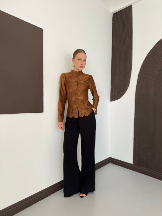 Laser-Cut Suede Frog-Button Jacket in Tan