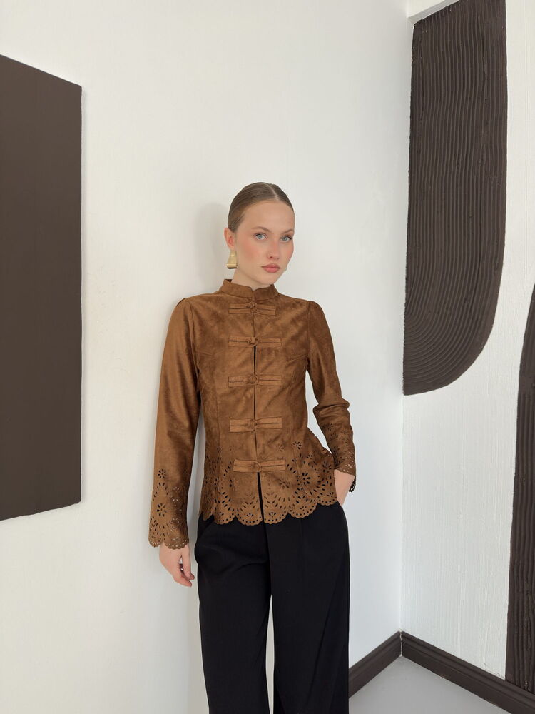 Laser-Cut Suede Frog-Button Jacket in Tan