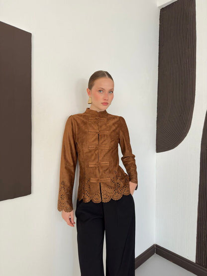 Laser-Cut Suede Frog-Button Jacket in Tan