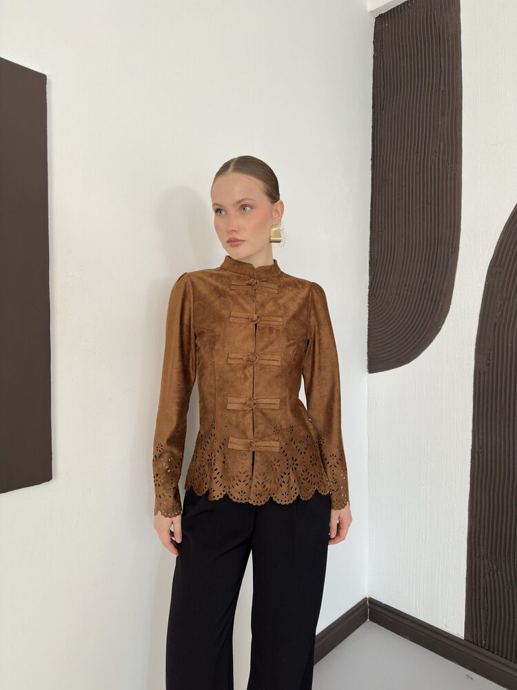 Laser-Cut Suede Frog-Button Jacket in Tan