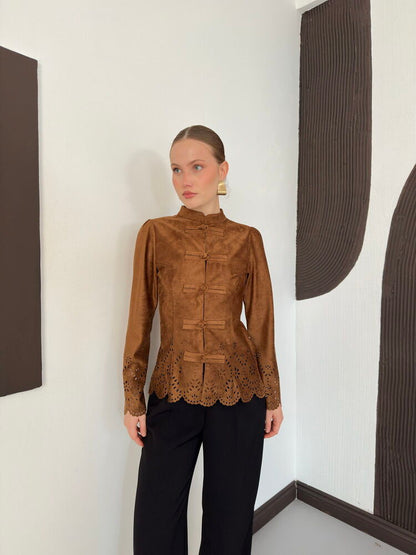 Laser-Cut Suede Frog-Button Jacket in Tan