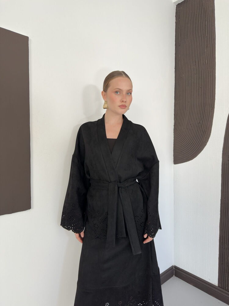 Laser-Cut Suede Kimono Jacket in Black