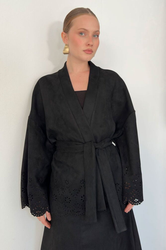 Laser-Cut Suede Kimono Jacket in Black
