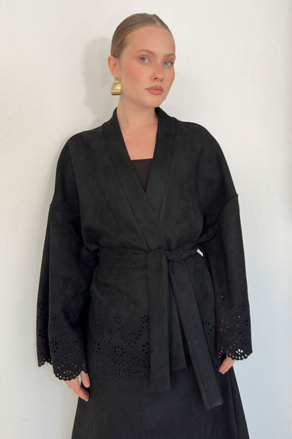 Laser-Cut Suede Kimono Jacket in Black