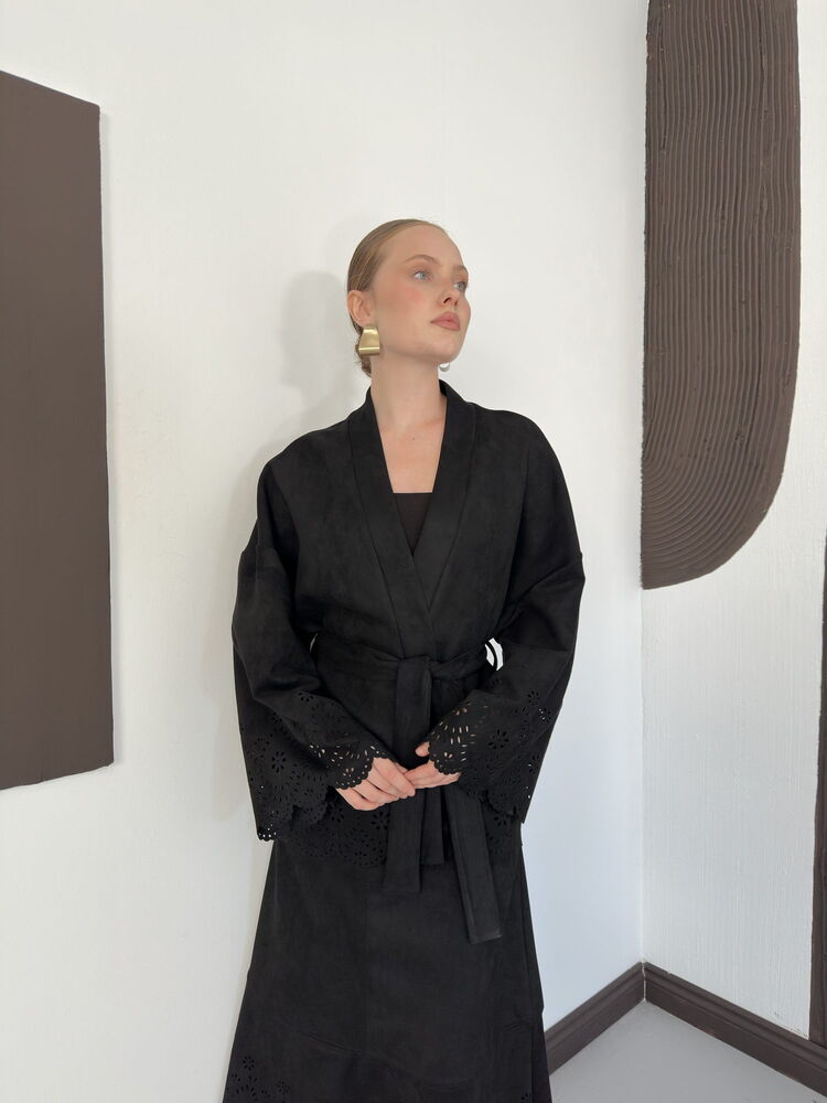 Laser-Cut Suede Kimono Jacket in Black